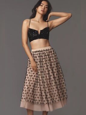 Anthropologie Maeve All-Over Bow Tulle Midi Skirt Size Medium Pull On Textured